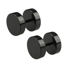 Load image into Gallery viewer, Pair of black PVD steel fake plugs with 8mm discs