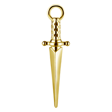 Load image into Gallery viewer, A 18k gold PVD cobalt-chrome nickel-free dagger-shaped charm with a loop at the top, designed to fit onto a sleeper or hinged ring