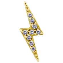 Load image into Gallery viewer, A yellow gold PVD cobalt chrome lightning bolt internally threaded attachment decorated with seven clear round-cut gemstones, set against a plain white background