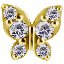 Load image into Gallery viewer, 18k gold PVD nickel-free cobalt-chrome internally threaded butterfly attachment with white premium zirconia stones