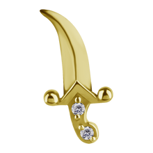Load image into Gallery viewer, 18k gold PVD nickel-free cobalt-chrome internally threaded dagger attachment with a curved blade and white premium zirconia stones on the handle