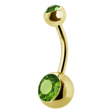 Load image into Gallery viewer, 24k gold PVD navel barbell with a gem on the top and bottom ball