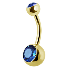 Load image into Gallery viewer, 24k gold PVD navel barbell with a gem on the top and bottom ball