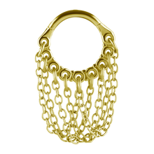 Load image into Gallery viewer, A 24k gold PVD SS316L hinged ring with connected dangly chains, designed for earlobe or helix piercing jewellery.