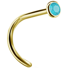 Load image into Gallery viewer, A curved nose stud with a bezel set crystal at the end.