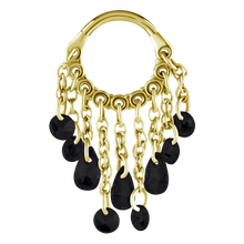 Load image into Gallery viewer, 24k Gold PVD hinged ring with black cubic zirconia chain dangles