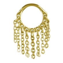 Load image into Gallery viewer, A 24k gold PVD SS316L hinged ring with a chain dangle design for earlobe or helix piercing.