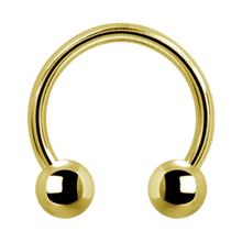 Load image into Gallery viewer, A gold steel circular barbell with two externally threaded balls designed for various body piercings.