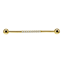 Load image into Gallery viewer, 24k gold PVD surgical steel industrial barbell paved with white premium zirconia stones