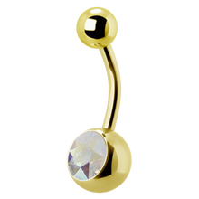 Load image into Gallery viewer, 24k gold PVD Surgical Steel navel bar with a single bottom gem. 1.6x12x5/8mm. Aurora borealis premium crystal