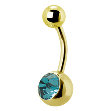 Load image into Gallery viewer, 24k gold PVD Surgical Steel navel bar with a single bottom gem. 1.6x12x5/8mm. Blue Zircon premium crystal