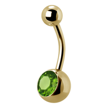 Load image into Gallery viewer, 24k gold PVD Surgical Steel navel bar with a single bottom gem. 1.6x12x5/8mm. Peridot premium crystal