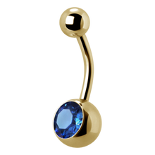 Load image into Gallery viewer, 24k gold PVD Surgical Steel navel bar with a single bottom gem. 1.6x12x5/8mm. Sapphire premium crystal