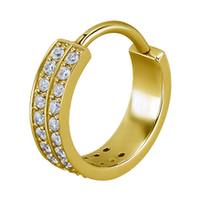 Load image into Gallery viewer, 24k gold PVD surgical steel hinged ring with two rows of paved white premium zirconia stones