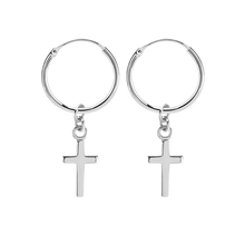 Load image into Gallery viewer, 925 sterling silver sleeper earrings with a cross charm.