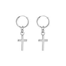 Load image into Gallery viewer, 925 sterling silver sleeper earrings with a cross charm.