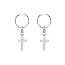 Load image into Gallery viewer, 925 sterling silver sleeper earrings with a cross charm.