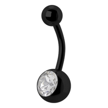 Load image into Gallery viewer, Black steel navel bar with a single bottom gem and plain top ball. 1.6x12x6/8 White premium crystal
