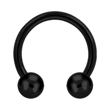 Load image into Gallery viewer, A black steel circular barbell with two externally threaded balls designed for various body piercings.