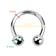 Load image into Gallery viewer, A silver circular barbell-style body jewellery piece with two ball ends, shown on a white background with overlaid dimension labels: 10 mm across the curve, 5 mm across one ball end, and 2 mm across the other ball end.