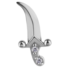 Load image into Gallery viewer, Nickel-free cobalt-chrome internally threaded dagger attachment with a curved blade and white premium zirconia stones on the handle