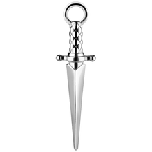 Load image into Gallery viewer, A cobalt-chrome nickel-free dagger-shaped charm with a loop at the top, designed to fit onto a sleeper or hinged ring