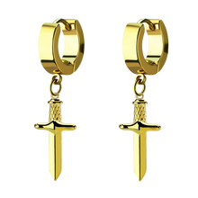 Load image into Gallery viewer, Pair of gold PVD stainless steel huggies with a brass plated dagger charm