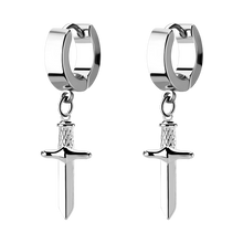 Load image into Gallery viewer, Pair of stainless steel huggies with a brass plated dangly dagger charm