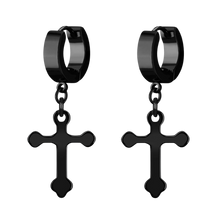 Load image into Gallery viewer, Pair of black PVD stainless steel huggies with a gothic style cross charm