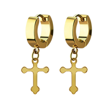 Load image into Gallery viewer, pair of gold PVD stainless steel huggies with a gothic style cross charm