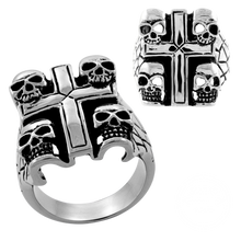 Load image into Gallery viewer, A high polished stainless steel ring with a cross design and four tiny skulls on each corner, shown from different angles.