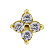 Load image into Gallery viewer, A gold-toned 18k gold PVD cobalt chrome nickel free four-petal attachment featuring four round-cut clear cubic zirconias in a floral clover arrangement, isolated on a white background.