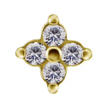 Load image into Gallery viewer, A gold-toned 18k gold PVD cobalt chrome nickel free four-petal attachment featuring four round-cut clear cubic zirconias in a floral clover arrangement, isolated on a white background.