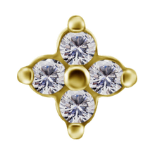 Load image into Gallery viewer, A gold-toned 18k gold PVD cobalt chrome nickel free four-petal attachment featuring four round-cut clear cubic zirconias in a floral clover arrangement, isolated on a white background.