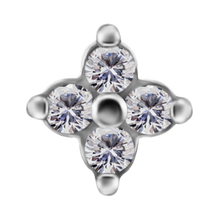 Load image into Gallery viewer, A silver-toned cobalt chrome nickel free four-petal attachment featuring four round-cut clear cubic zirconias in a floral clover arrangement, isolated on a white background.