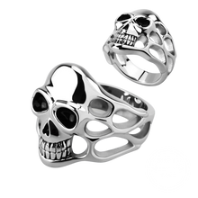 Load image into Gallery viewer, high polished stainless steel rings with a casted skull and smoke design, viewed from different angles.