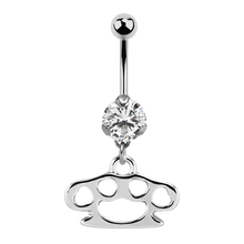 Load image into Gallery viewer, Surgical steel navel barbell with a white prong-set cubic zirconia stone and a brass knuckle charm dangly