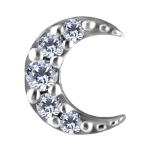 Load image into Gallery viewer, A silver colour cobalt chrome nickel free crescent moon-shaped attachment adorned with five clear round-cut rhinestones, shown on a plain white background.