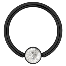 Load image into Gallery viewer, Jewelled Black PVD surgical steel disc closure ring with a clear cubic zirconia stone