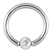 Load image into Gallery viewer, Jewelled surgical steel disc closure ring with a clear cubic zirconia stone