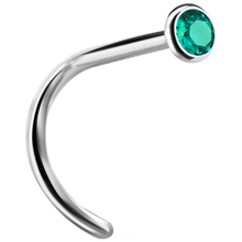 Load image into Gallery viewer, A curved nose stud with a bezel set crystal at the end.