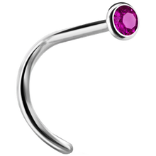 Load image into Gallery viewer, A curved nose stud with a bezel set crystal at the end.