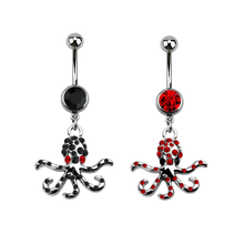 Load image into Gallery viewer, Jewelled Navel Barbell with Dangling Octopus in surgical steel with premium crystal stones