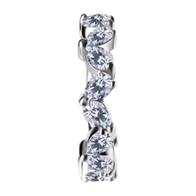 Load image into Gallery viewer, A silver-toned cobalt chrome nickel free ring featuring a row of clear, pear-cut gemstones in a prong setting, isolated on a solid white background.