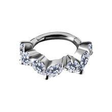 Load image into Gallery viewer, A silver-toned cobalt chrome nickel free ring featuring a row of clear, pear-cut gemstones in a prong setting, isolated on a solid white background.