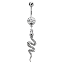 Load image into Gallery viewer, Single jewelled navel barbell with a clear premium crystal and a long snake charm
