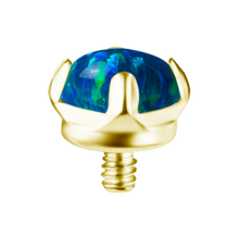 Load image into Gallery viewer, A gold-toned 18k Gold PVD Titanium prong-set lab-created black opal internally threaded attachment. On a white background