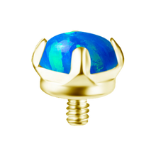 Load image into Gallery viewer, A gold-toned 18k Gold PVD Titanium prong-set lab-created blue opal internally threaded attachment. On a white background