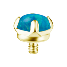 Load image into Gallery viewer, A gold-toned 18k Gold PVD Titanium prong-set lab-created paraiba opal internally threaded attachment. On a white background