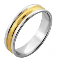Load image into Gallery viewer, Two-tone gold and silver stainless steel ribbed ring on transparent background